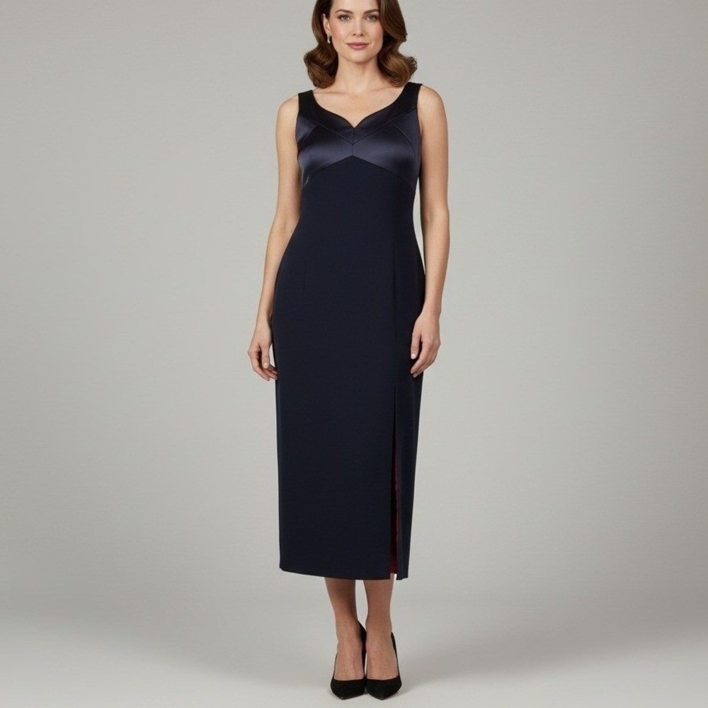 Tahari Midi Sheath Dress Women 10 Navy Blue Satin Trim V-Neckβ Slit Formal Dress